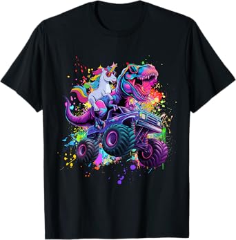 Unicorn Riding Dinosaur Monster Truck Funny Monster Truck T-Shirt