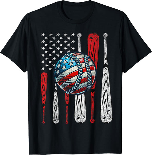 Vintage Patriotic Baseball 4th Of July USA American Flag T-Shirt
