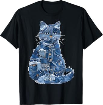 Retro Cat Pattern Denim Patchwork Graphic Art T-Shirt for Men Women