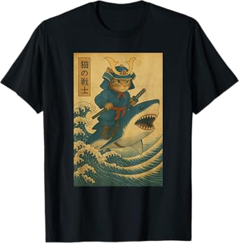 Vintage Anime Cat Japanese Funny Samurai Cat Riding Shark T-Shirt for Men Women Kids