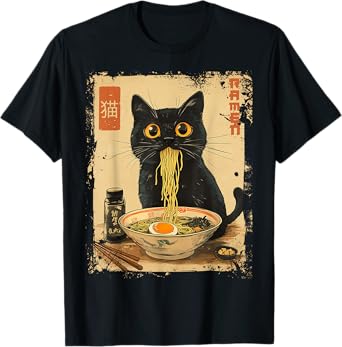 Dirhame Funny Japanese Cat Ramen Anime Kawaii Cat Eating Ramen Noodles T-Shirt, Unisex-Adults, Anime Fans, Girls, Young Females, Black, Small, Short Sleeve, T-Shirt