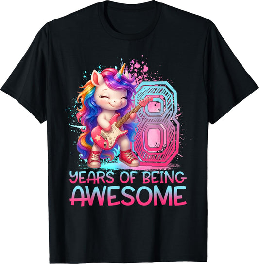 8 Years of Being Awesome Unicorn Rock And Roll 8th Birthday T-Shirt