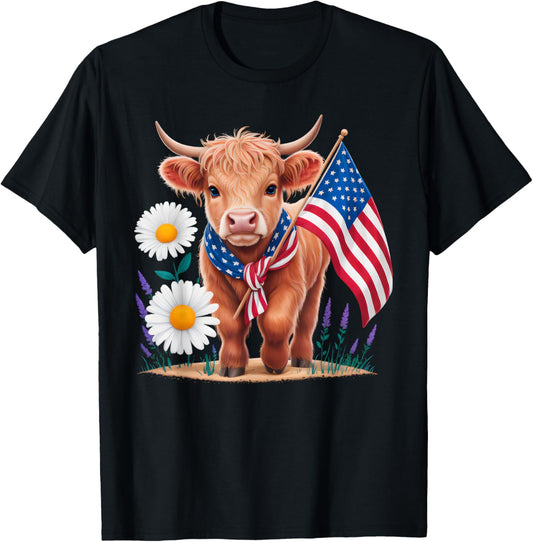 Cute Highland Cow Florals 4th Of July Usa Flag Patriotic Cow T-shirt