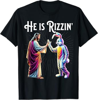 Funny Rizz He is Rizzin Jesus High Five Easter Bunny T-Shirt