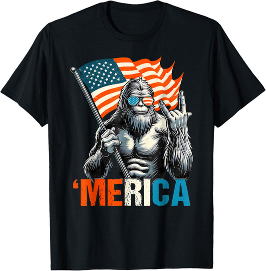 American Flag Patriotic 4th Of July Bigfoot Merica Rock T-Shirt