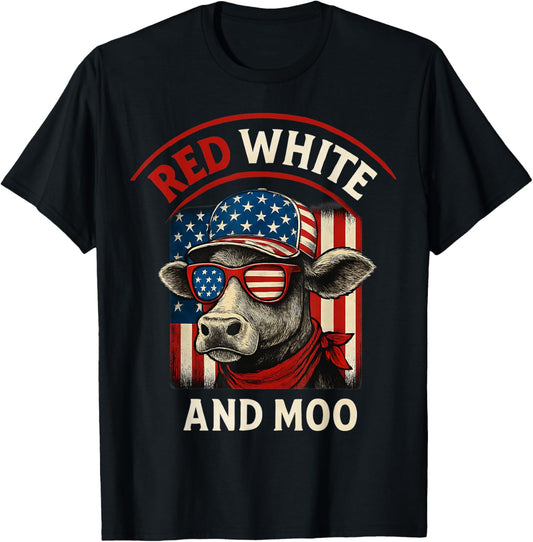 Red & White And Moo Flag Usa 4th Of July Patriotic Funny Cow T-shirt