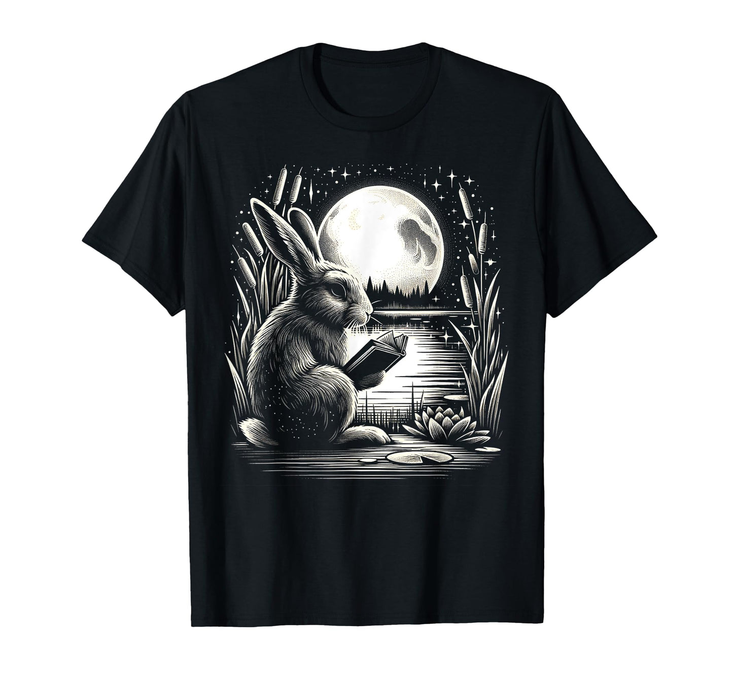 Rabbit Reading Book - Full Moon Lake Scenery T-Shirt