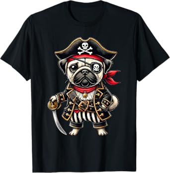 Pug Dressed As A Pirate Funny Dog Pug Halloween Men Women Kids T-Shirt