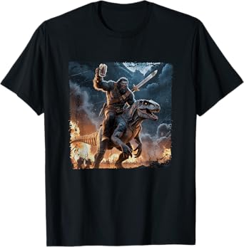 Epic Bigfoot Riding Dinosaur with Sword Beer Fantasy Battle T-Shirt
