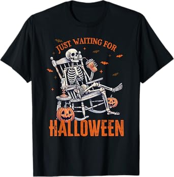 Funny Just Waiting For Halloween Skeleton Spooky Vibe Summer Men Women T-Shirt