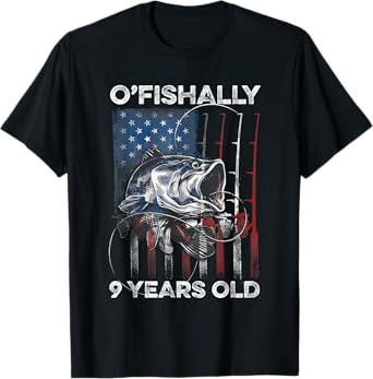 Ofishally 9 Year Old Shirt 9th Birthday Fishing US Flag T-Shirt