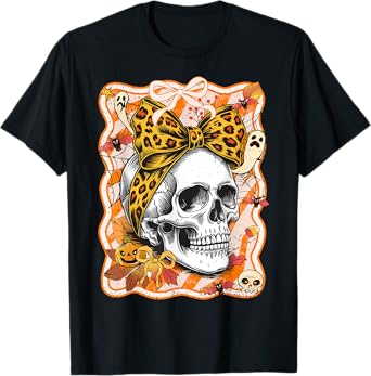 Preppy Bow Skull Halloween Spooky Season Womens Girls Kids T-Shirt