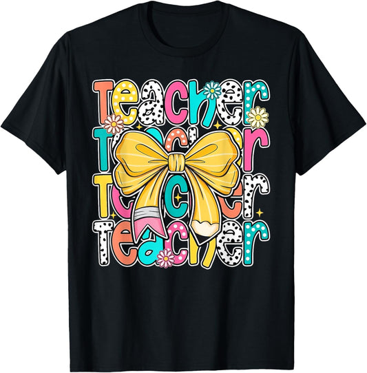 Teacher Pencil Coquette Bow Funny Back To School Educator Tee by TeeBrew