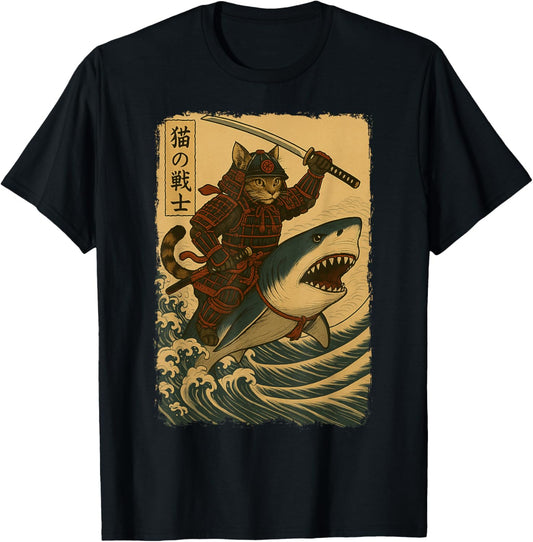 Samurai Cat Riding Shark Warrior Ukiyo Vintage Japanese Art T-Shirt