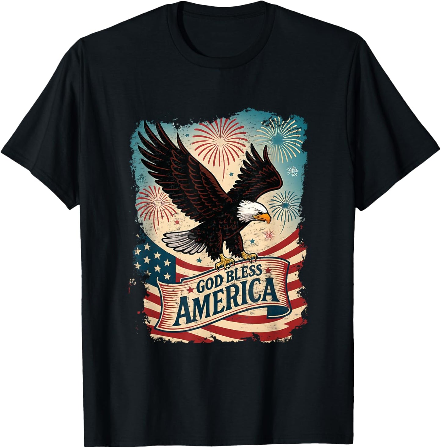 God Bless America Vintage Eagle USA Flag Fireworks T-Shirt