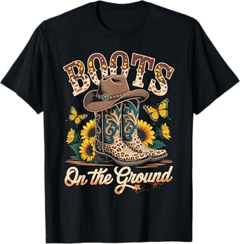 Boots Ground Leopard Print Cowgirl Hat Sunflower T-Shirt