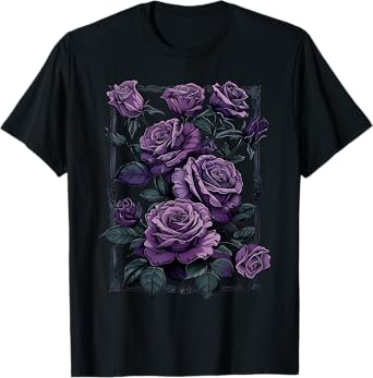 Vintage Purple Roses Flower Gothic Gardening Aesthetic Women T-Shirt