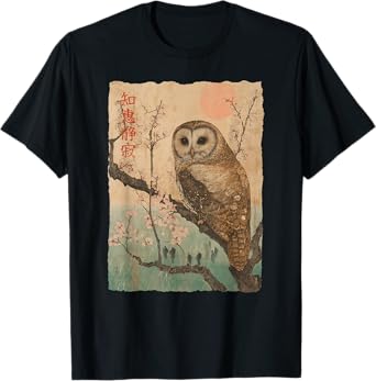 Wise Owl and Cherry Blossoms tree Japanese Woodblock art T-Shirt