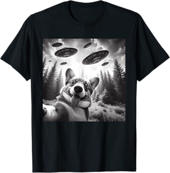 Corgi Dog Taking Selfie with UFOs Outer Space Alien Geeks Men Women Kids T-Shirt