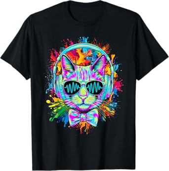 Funny Kitten Colourful Rainbow Rave Music DJ Cat T-Shirt