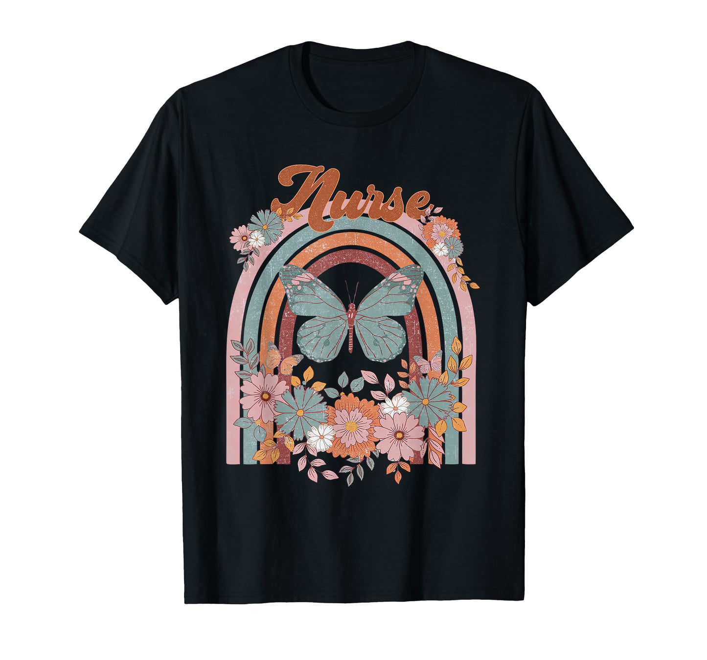 Nurse Vintage Floral Boho Hippie Rainbow Butterfly Men Women T-Shirt