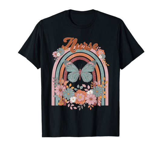 Nurse Vintage Floral Boho Hippie Rainbow Butterfly Men Women T-Shirt