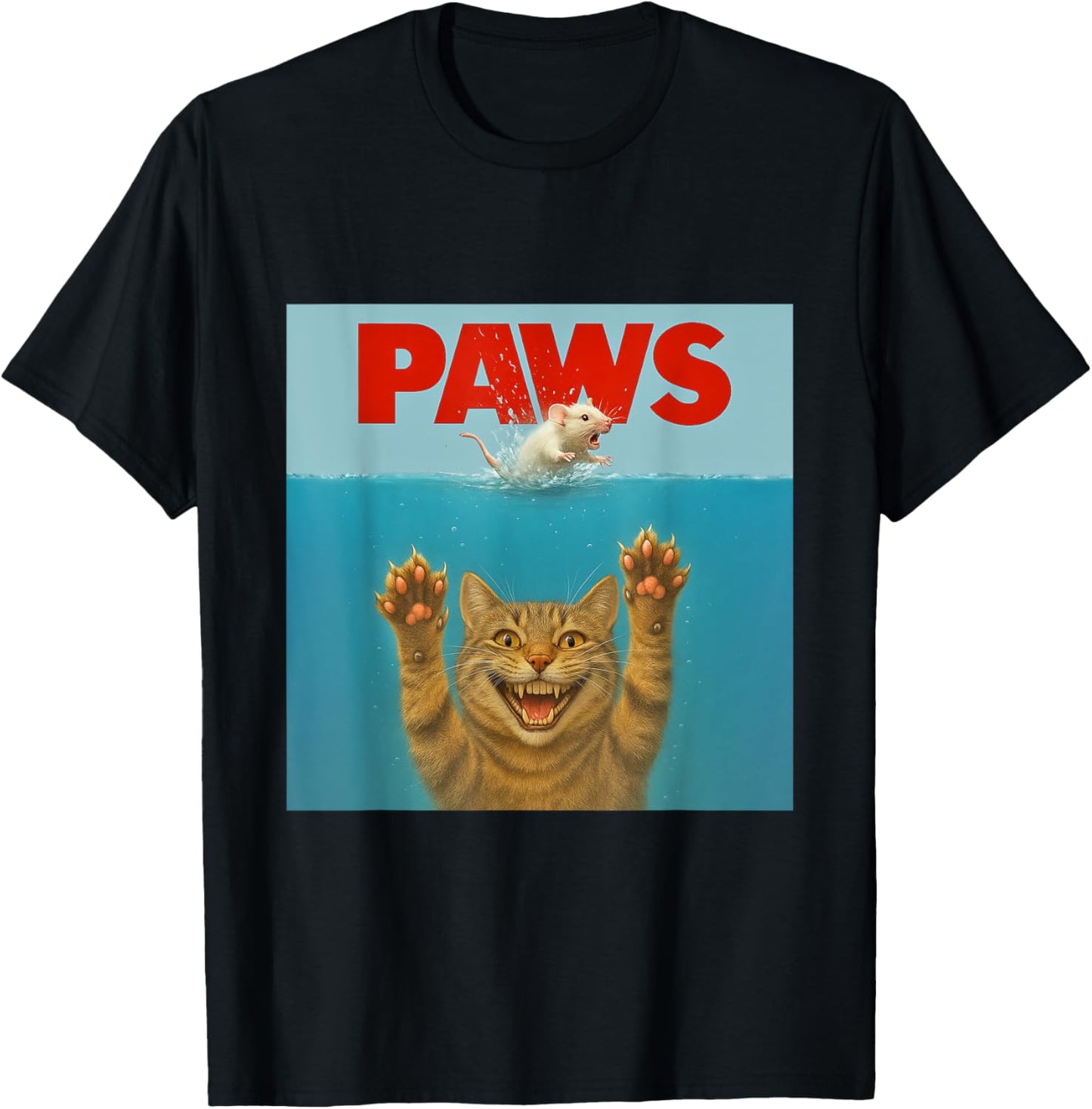 PAWS Excited Cat Underwater Reaching a Splashing White Mouse T-Shirt