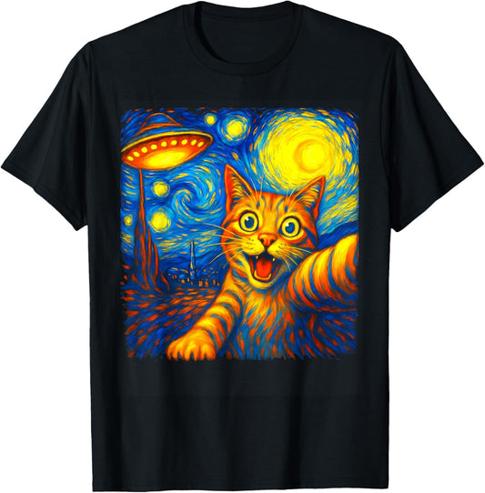 Cat Selfie With Alien Ufo Funny Starry Night Van Gogh T-shirt