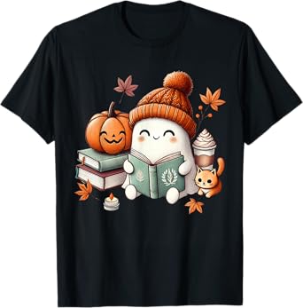 Cute Ghost Cat Reading Book Lovers Halloween Women Girls T-Shirt