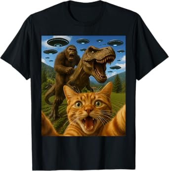 Funny Graphic Cat Selfie With Bigfoot Riding T-rex Dinosaur T-Shirt for Men Women Kids