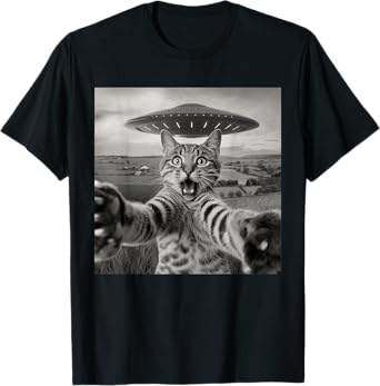 Cat Selfie With Alien UFO Funny Cat Sarcastic Humor Meme Men Women Kids T-Shirt