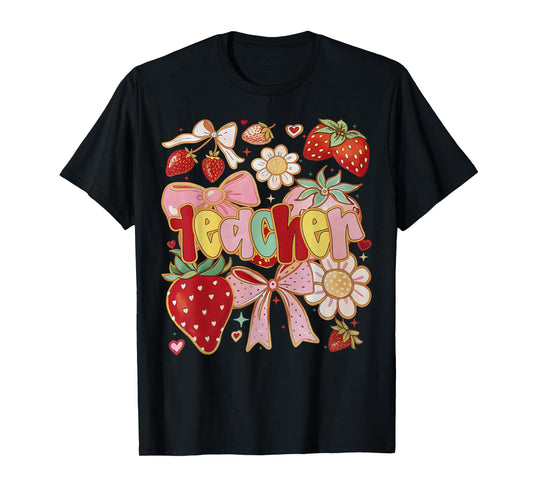 Teacher Strawberry Coquette Bow Teacher Life Back to School T-Shirt