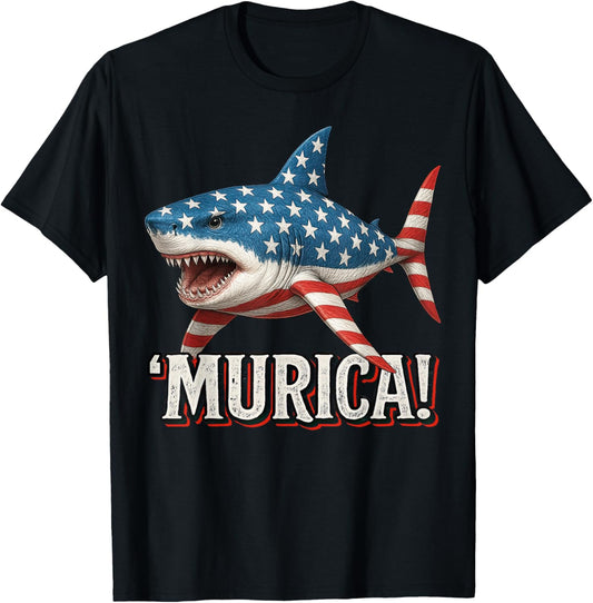 Murica 4th of July American Flag Shark Patriotic USA T-Shirt