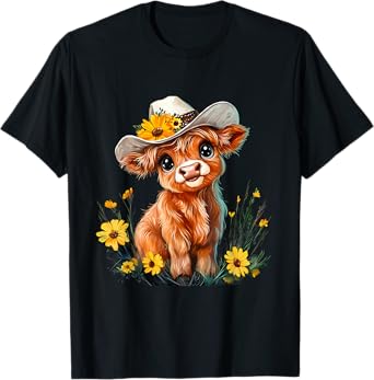 Cute Highland Cow Scottish Hairy Cattle Floral T-Shirt