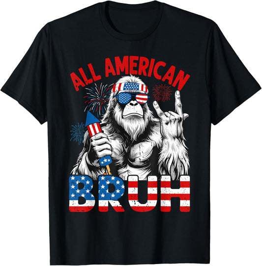 Bruh Bigfoot Merica Rock American Flag Patriotic 4th Of July T-shirt