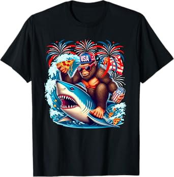 Bigfoot Riding Shark With Beer Pizza 4th Of July Patriotic T-Shirt