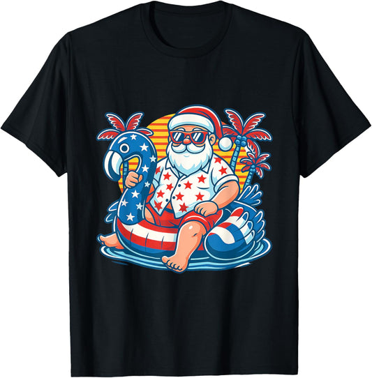 Christmas in 4Th Of July Santa Flamingo Pool Float Summer T-Shirt