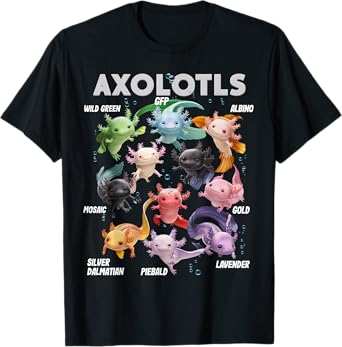 Axolotl Lovers and Salamander Fans Apparel Unisex Kids/Adults Axolotl Enthusiasts T-Shirt Black Short Sleeve Classic Fit Colorful Axolotl Types Cute Aquatic Creature Design
