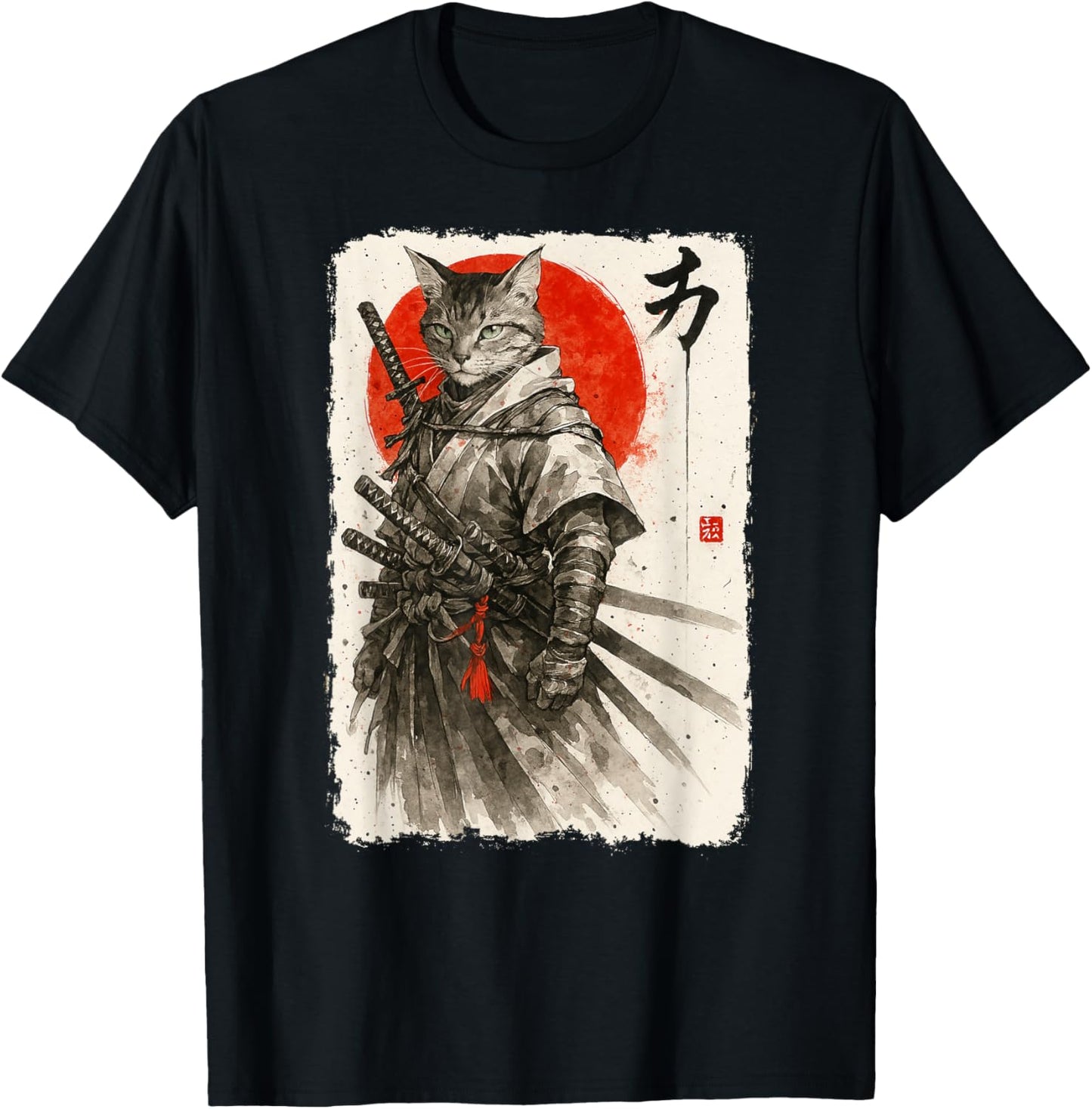 Samurai Cat Warrior Sumi-e Kawaii Japanese Art Cat Samurai T-Shirt