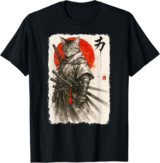 Samurai Cat Warrior Sumi-e Kawaii Japanese Art Cat Samurai T-Shirt