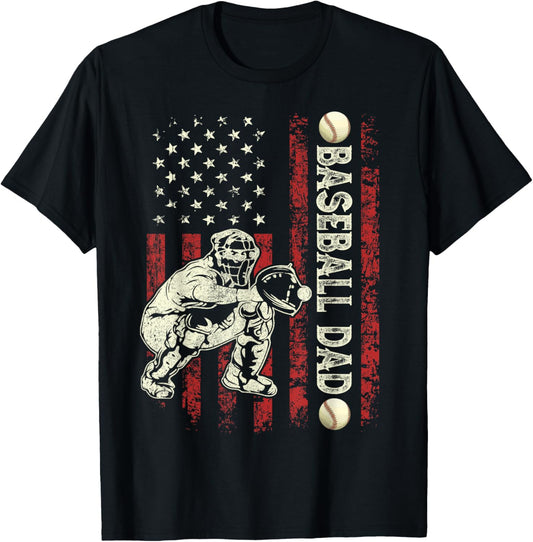 Fathers Day Baseball Dad Flag Gifts Dad Men Baseball Catcher T-Shirt