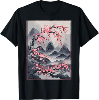 Vintage Cherry Blossom Landscape - Japanese Graphical Art T-Shirt