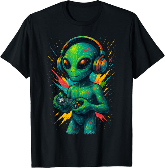 Colorful Alien Gamer, Splash Splatter Art Gaming T-Shirt