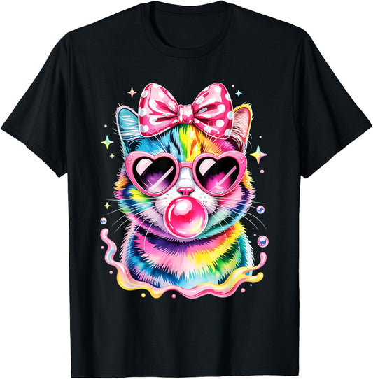 Cool Rainbow Cat with Sunglasses Bubblegum Cute Girls T-Shirt