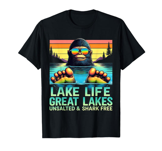 Unsalted Fishing Lake Life Bigfoot Drinking Great Lakes T-Shirt