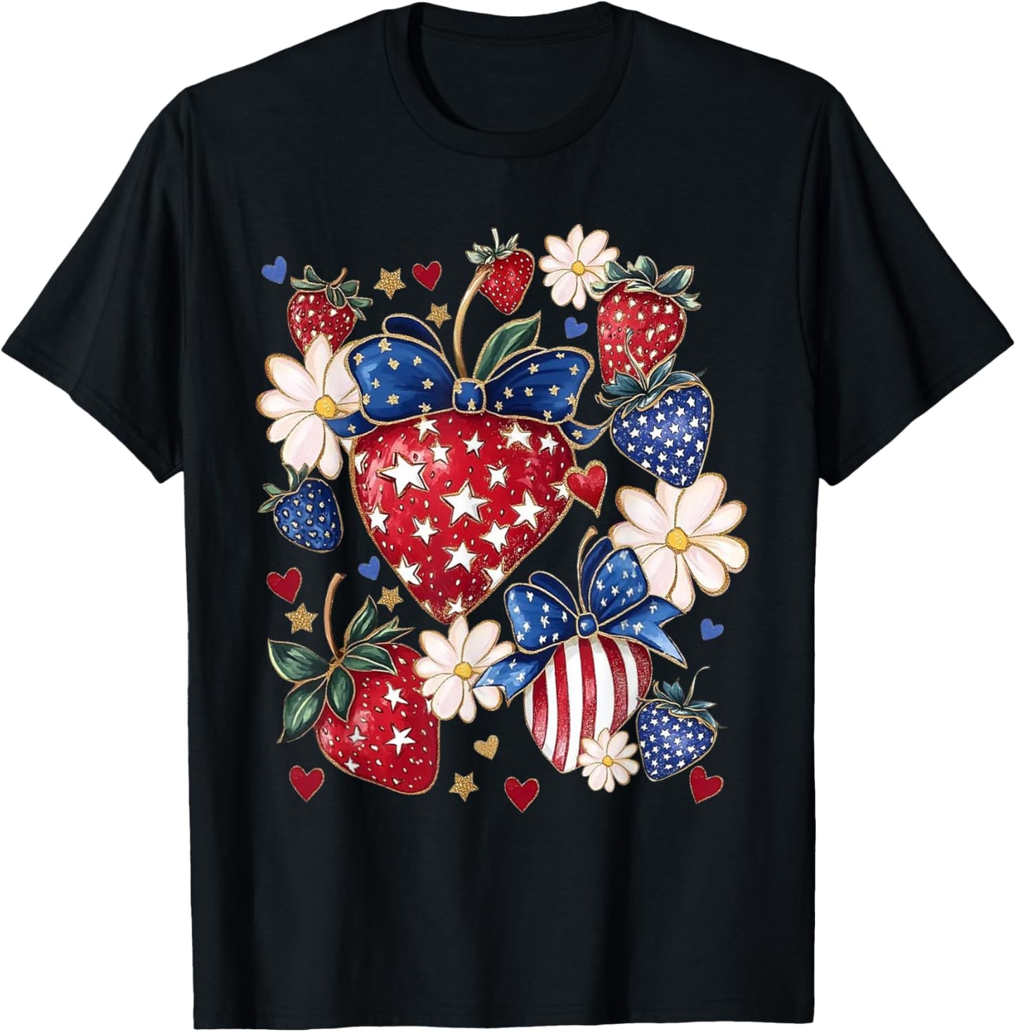 Retro Boho 4th Of July Strawberry Coquette Bow Strawberries T-Shirt
