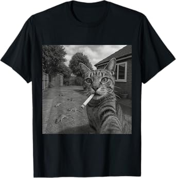 Funny Selfie Cat with Cigarette and Defeated Rats Men Women T-Shirt