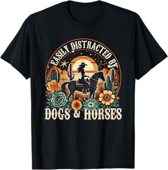 Easily Distracted By Dogs And Horse Funny Horse Retro Sunset T-Shirt