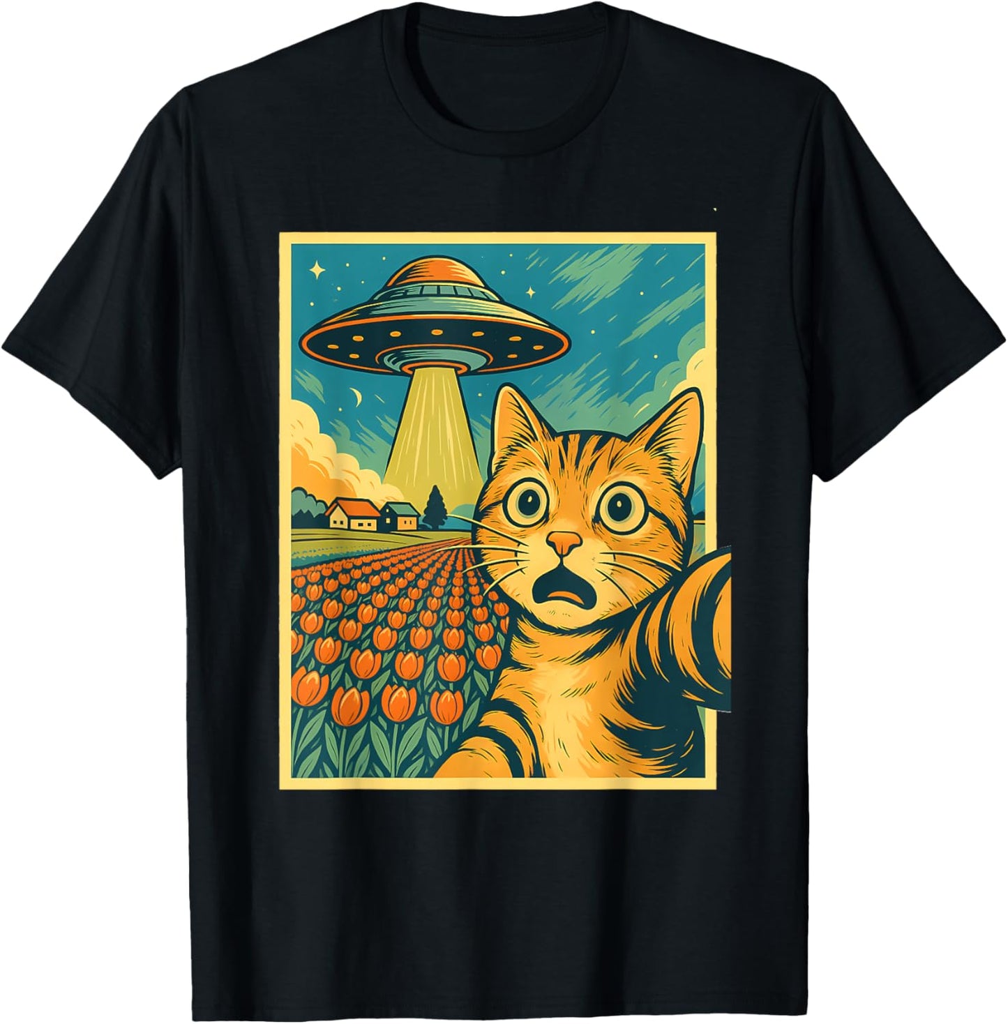 Cat Selfie With Alien Ufo Tulip Funny Anime Kawaii Graphic T-shirt