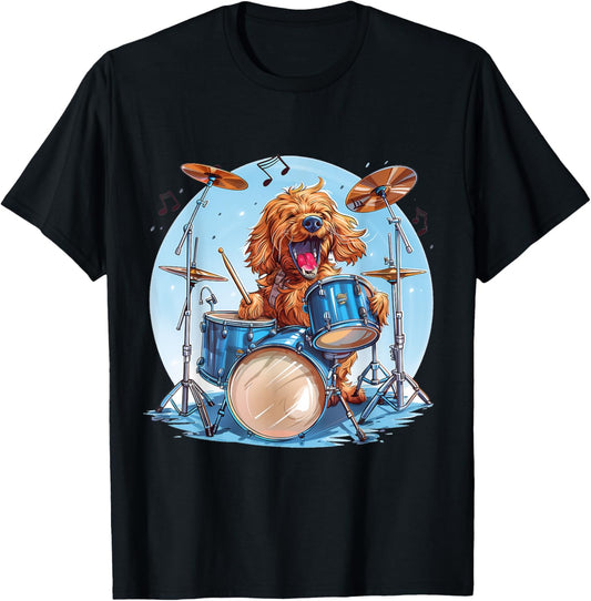 Goldendoodle Dog Playing The Drums Musician Dog Rock Band T-Shirt